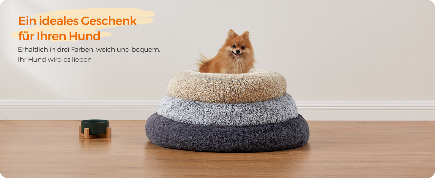 Feandrea Hundebett flauschig, Katzenbett, Donut Kissen, waschbar, Polsterung in der Mitte herausnehmbar, Langer Plüsch, 60 cm Durchmesser, Ombré-Grau PGW038G01