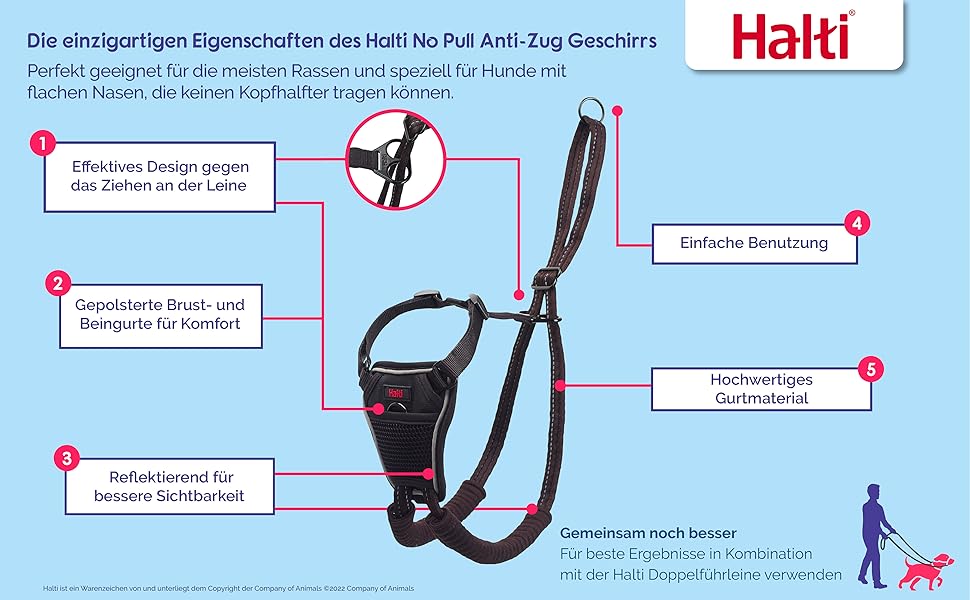 HALTI No Pull Anti-Zug Geschirr, Größe Mittel - Verhindert, dass Ihr Hund an der Leine zieht, Gepolsterter Brust- und Beingurt, Reflektierendes Gurtmaterial, Einfache Anpassung und Benutzung