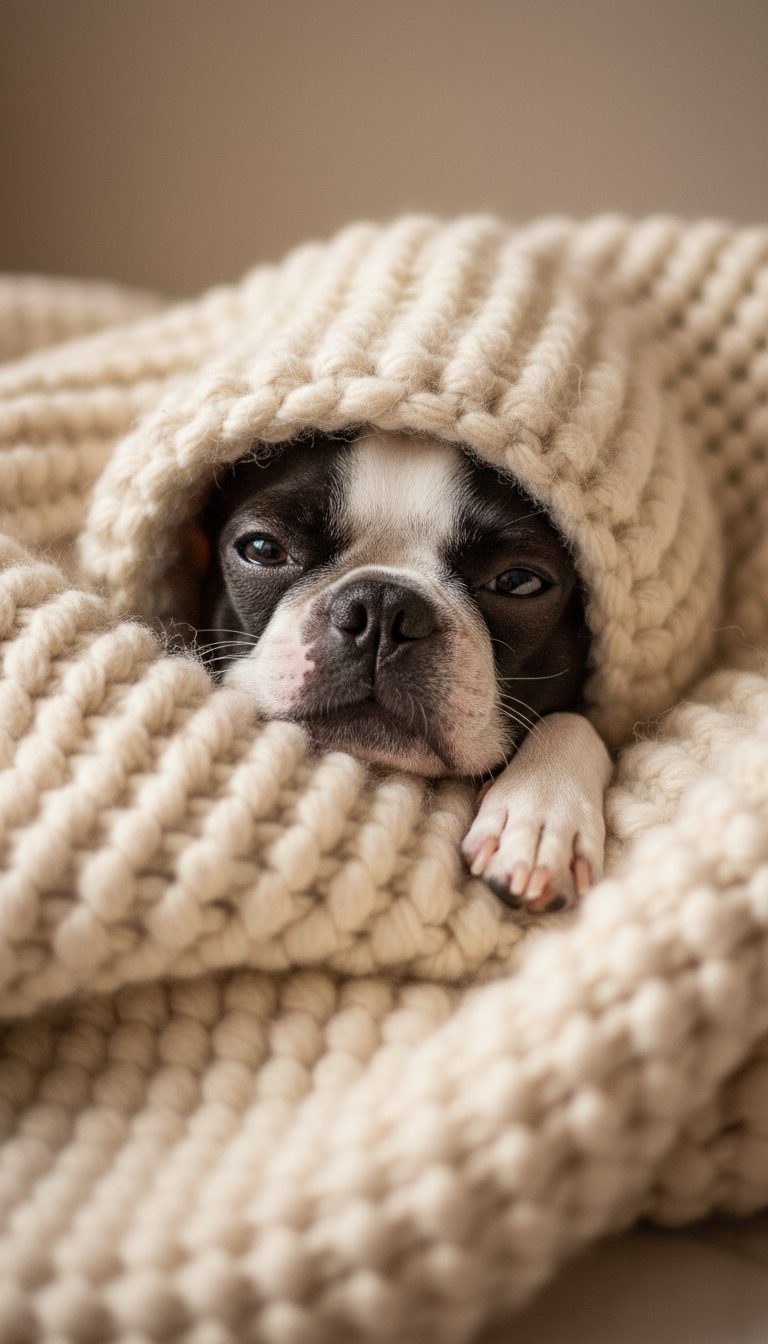 AI photo of Peanut in a cream knit blanket