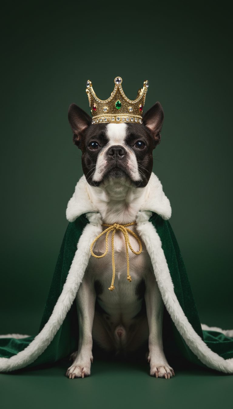AI portrait of Peanut wearing a crown and royal cape