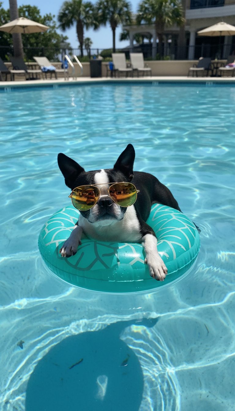AI photo of Peanut floating on a pool ring