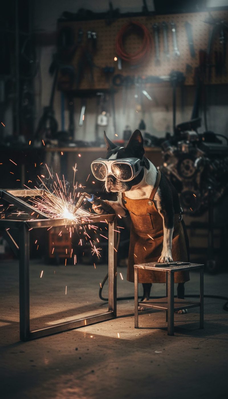 AI photo of Peanut the Boston Terrier as a welder